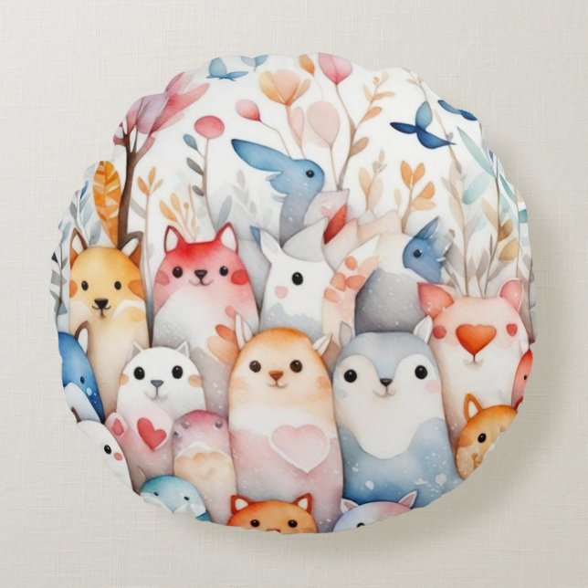 Almofada Redonda Design bonitinho de animais florais (Frente)