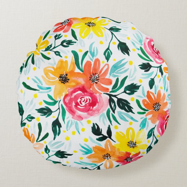 Almofada Redonda Design de Aquarelas Amarelas Modernas Flores Rosa (Frente)