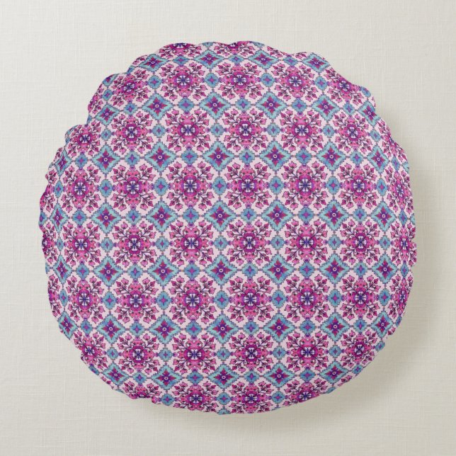 Almofada Redonda Design de azulejos rosa e azul (Frente)