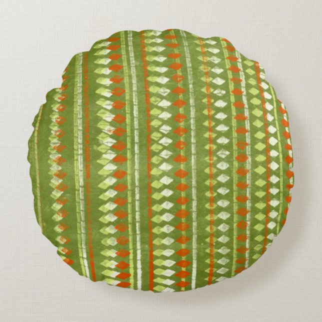 Almofada Redonda Design de Estêncil Verde-Laranja (Frente)