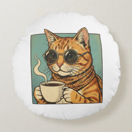 Almofada Redonda Design de estilo retrô de café para amantes de gat