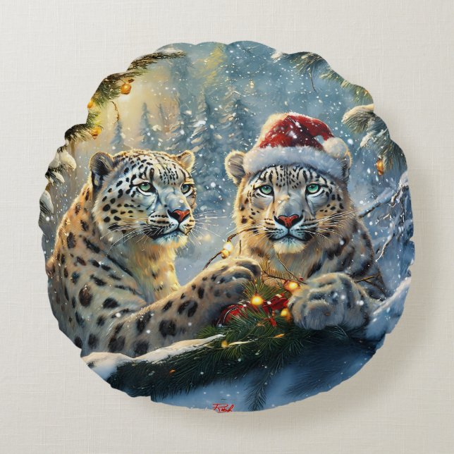 Almofada Redonda Design de Férias Snow Leopards por Rich AMeN Gill (Frente)