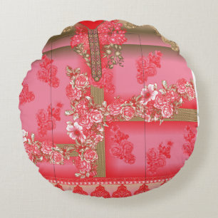 Almofada Redonda design de fundo rosa e ouro com vermelho