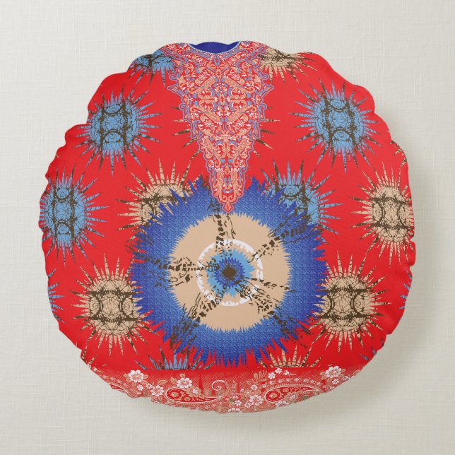 Almofada Redonda design de fundo vermelho com círculo azul (Frente)