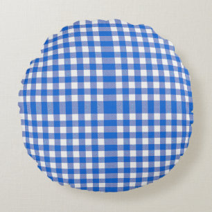 Almofada Redonda Design de Gingham Branco Azul bonito