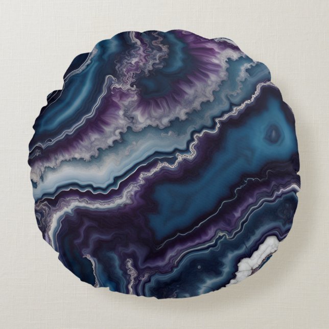 Almofada Redonda design de mármore de ágata azul roxo branco (Frente)