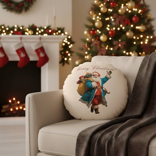 Almofada Redonda Design de Natal Personalizado com Papai Noel Vinta (Criador carregado)