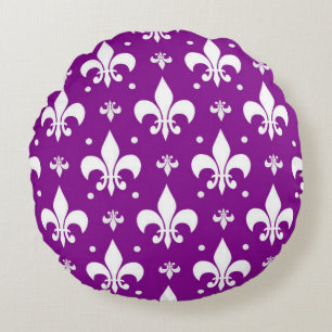 Almofada Redonda Design de padrão da Fleur-de-lis de fundo roxo