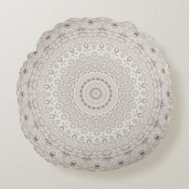 Almofada Redonda Design de padrão de mandala bege e castanho (Frente)