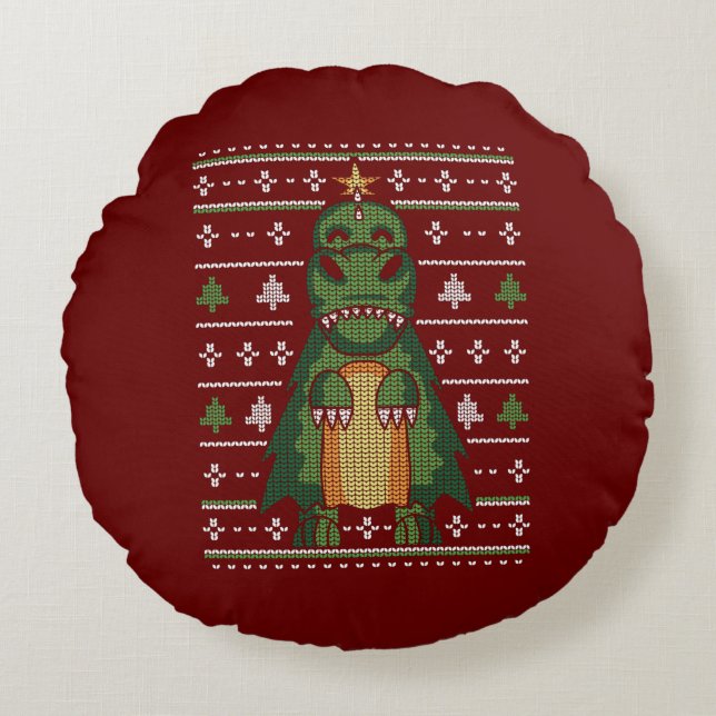 Almofada Redonda Design de Suéter Feio de Árvore de Natal de Dinoss (Frente)