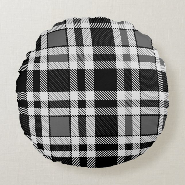 Almofada Redonda Design de Tartan Xadrez Flannel Branco preto (Frente)