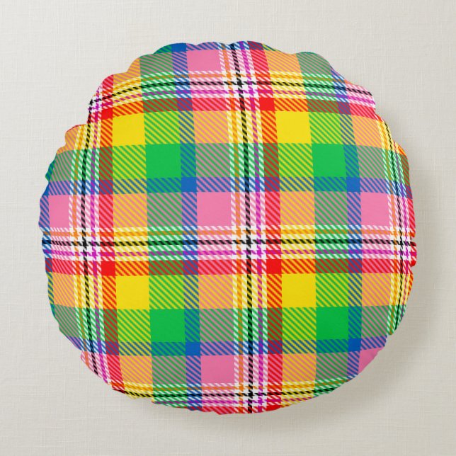 Almofada Redonda Design de Xadrez de Tartan Amarelo verde-rosa (Frente)