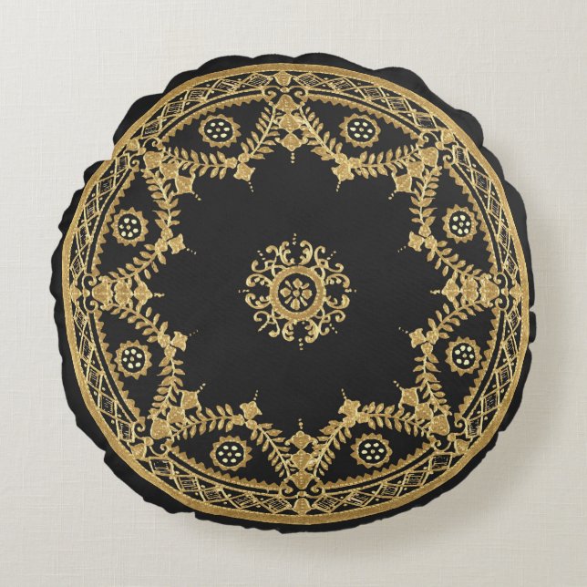 Almofada Redonda Design Decorativo Preto e Dourado (Frente)