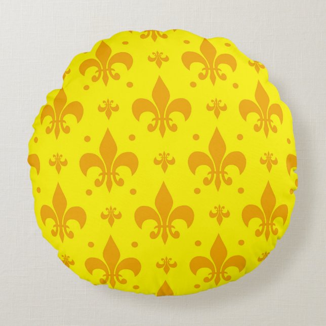 Almofada Redonda Design do padrão Fleur-de-lis amarelo (Frente)