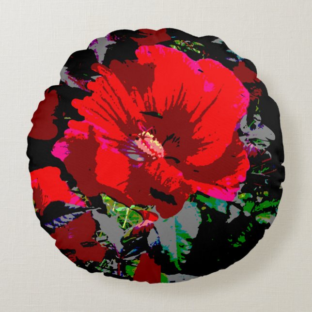Almofada Redonda Design Floral Retro Vermelho Poppy (Frente)