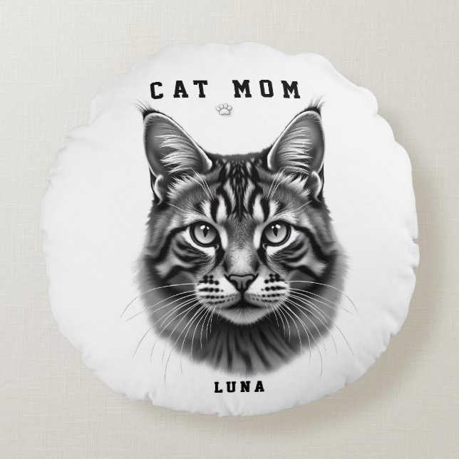 Almofada Redonda Design Simples Fofo Personalizado Mãe de Gato Aman (Frente)