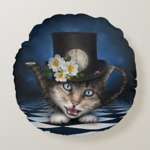 Almofada Redonda Design Whimsical Teapot Gato Mad Hatter