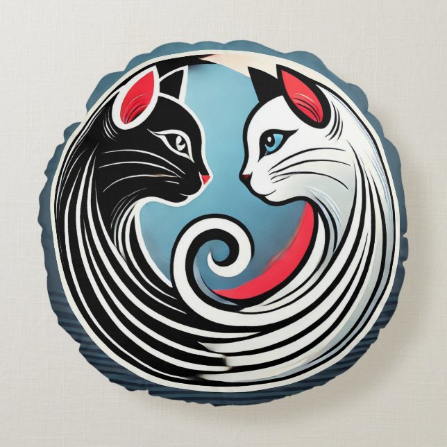 Almofada Redonda Design Yin Yang com Gatos Pretos e Brancos (Frente)