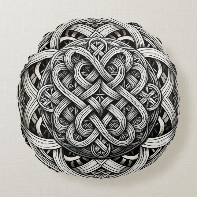 Almofada Redonda Detaillierte Schwarz-Weißer keltischer Knoten 0001 (Frente)