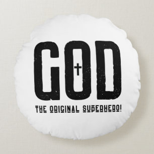 Almofada Redonda Deus, o Super Herói Original da Cruz Bíblica