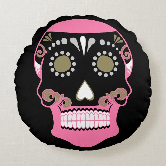 Almofada Redonda Día De Los Muertos Skull Impressão (Frente)