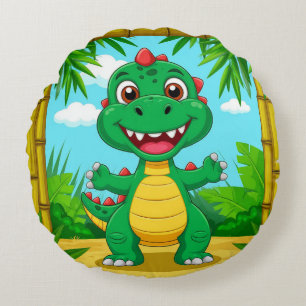Almofada Redonda Dinossauro de Desenho Animado Alegre em Moldura de