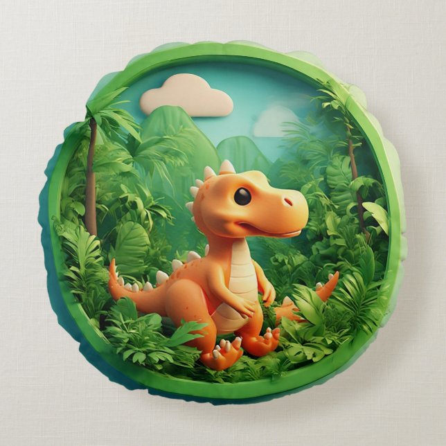 Almofada Redonda Dinossauro de Desenho Animado na Floresta de Bambu (Frente)