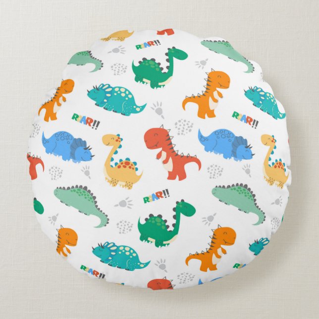 Almofada Redonda Dinossauros Coloridos Bonitos Padrão Ilustrado (Frente)
