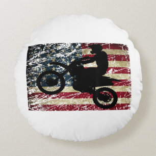 Almofada Redonda Dirt Bike USA Flag T-Shirt Motocross American Flag