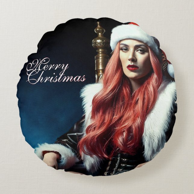 Almofada Redonda Diva de Couro e Pelos – Feliz Natal (Frente)