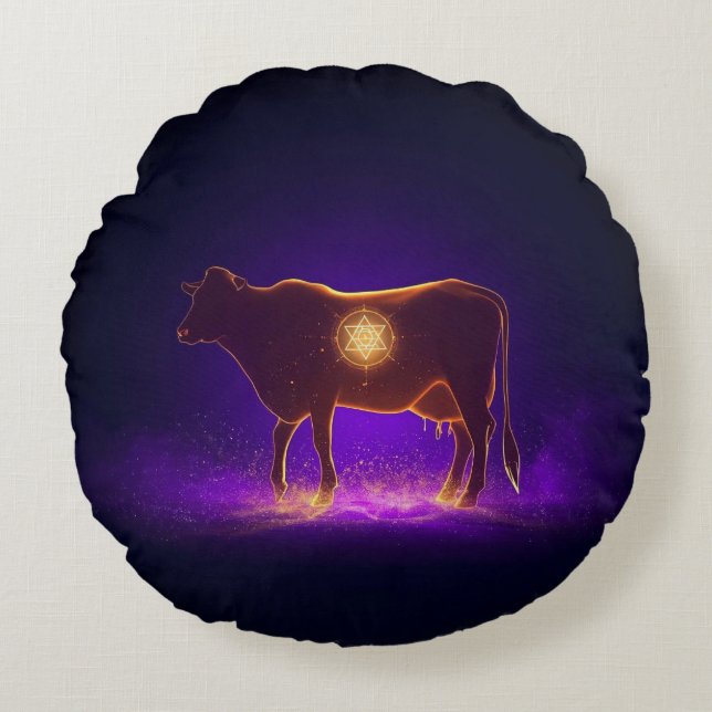 Almofada Redonda Divine Cow Silhouette | Govardhan Puja Spiritual (Frente)