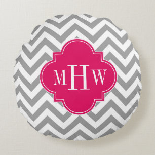 Almofada Redonda Dk Gray Lg Chevron Framboesa Quatrefoil 3 Monogram