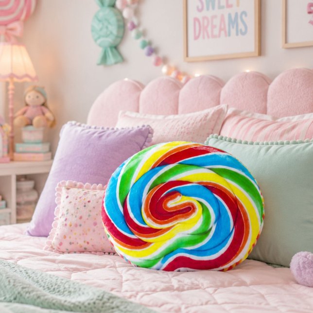 Almofada Redonda Doce Colorido Pirulito Arco-íris Bonito (Cute Colorful Sweet Candy Rainbow Lollipop Round Pillow)