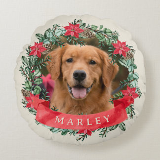 Almofada Redonda Dog Photo and Name Poinsettia Wreath Holiday Plaid