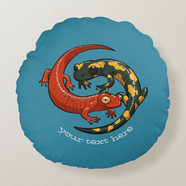 Almofada Redonda Dois Cartoon Amigos Salamander Smiling Enrelaçados (Frente)