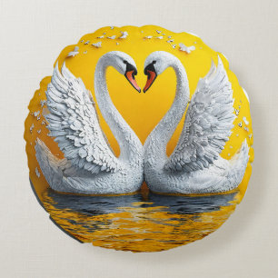 Almofada Redonda Dois Cisnes Elegantes Amam Pássaros Decoração Eleg