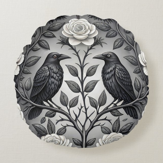 Almofada Redonda Dois Corvos e Rosas Brancas (Frente)