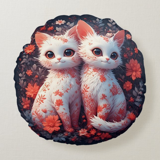 Almofada Redonda Dois Gatinhos Brancos e flores (Frente)