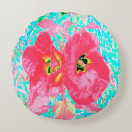 Almofada Redonda Dois Hibiscus Louco de Coral Vermelho Rosado em Aq