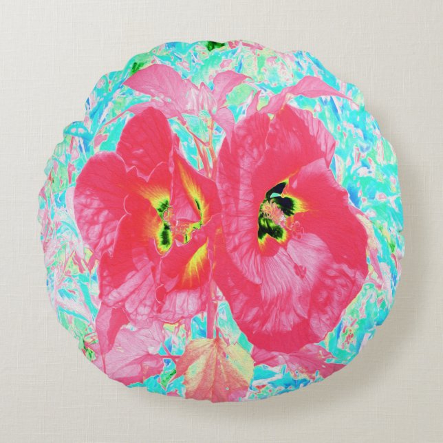 Almofada Redonda Dois Hibiscus Louco de Coral Vermelho Rosado em Aq (Frente)
