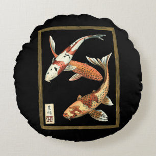 Almofada Redonda Dois japoneses, Koi Goldfish, em preto