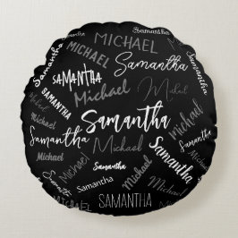 Almofada Redonda Dois nomes casal padrão monograma cinza preta bran