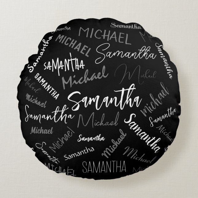 Almofada Redonda Dois nomes casal padrão monograma cinza preta bran (Frente)