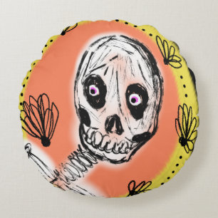 Almofada Redonda Doodle de Halloween de Esqueleto Sinistro