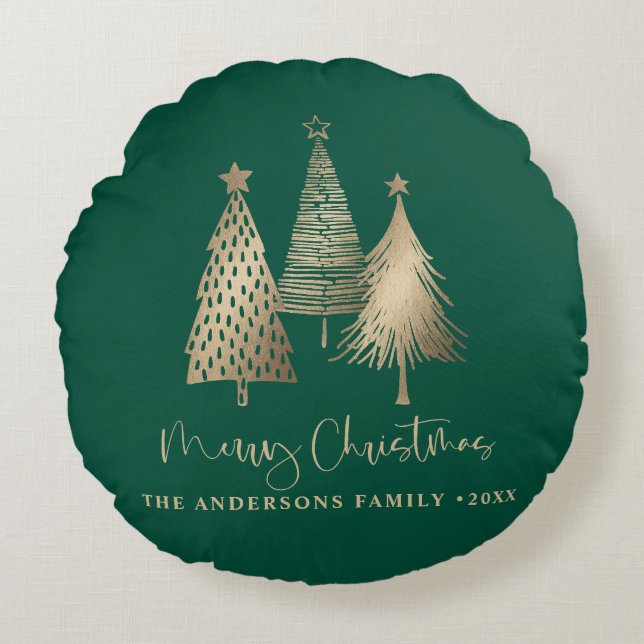 Almofada Redonda Dourada árvore de Natal elegante Feliz Natal (Frente)