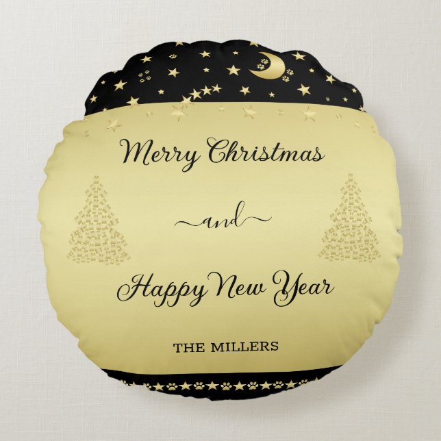 Almofada Redonda Douradas estrelas brilhantes de Natal, patas em ou (Frente)