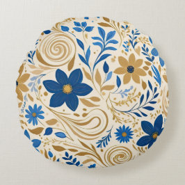 Almofada Redonda Dourado azul e branco floral com espirais