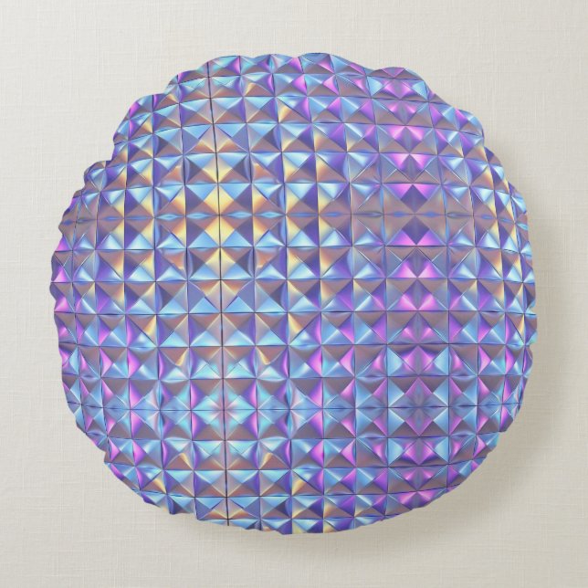 Almofada Redonda Dourado, Azul e Roxo Iridescente Geométrico 2 (Frente)