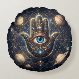 Almofada Redonda Dourado Celestial & Hamsa Azul-Marinho com Olho do