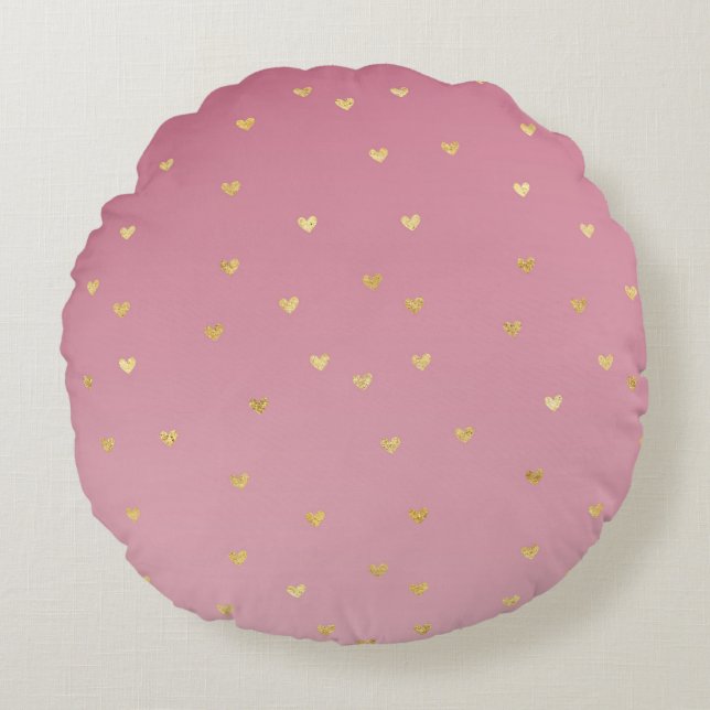 Almofada Redonda Dourado Coração Rosa Ombre (Frente)